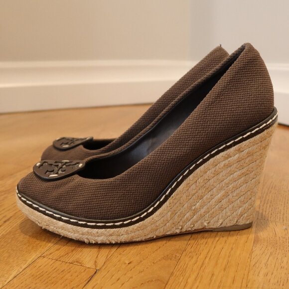 TORY BURCH brown wedge shoes 10 peep hole espadrille canvas vacation boho logo - Picture 6 of 11